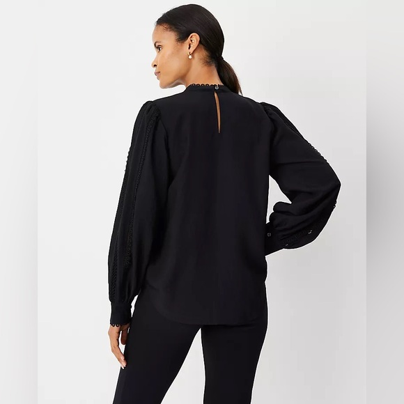 Ann Taylor Tall Eyelet Pintucked Blouse Black Size Small Tall - Picture 8 of 13